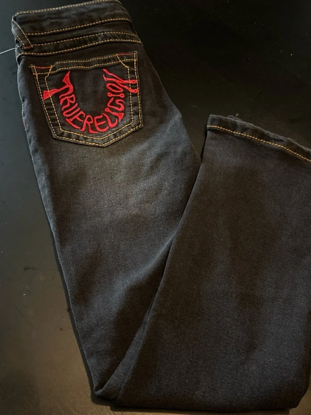 True Religion Kid’s Black Jeans with Red Embroidered Pockets